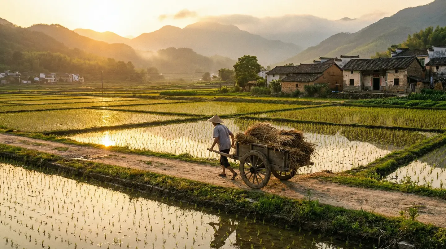 把可爱的男孩子做到哭动漫 - 金色夕阳下的乡村田野，老农推着木车行走在田埂上